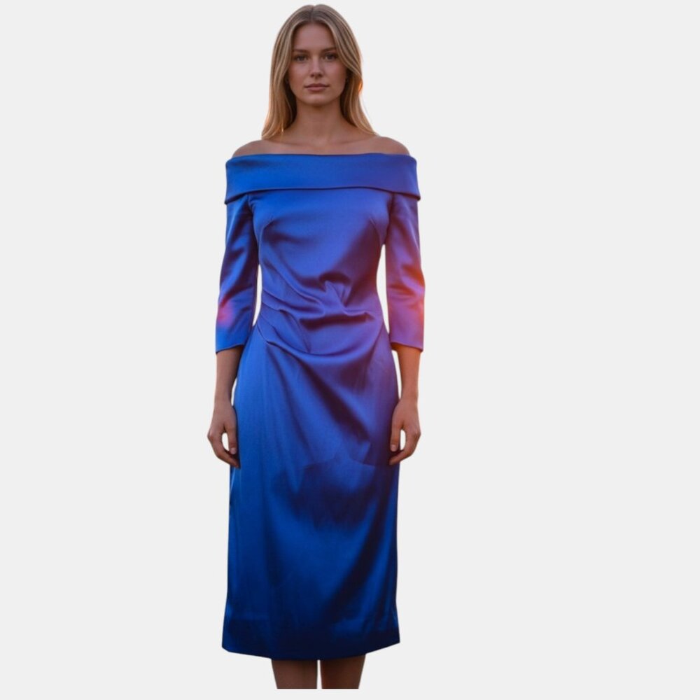 Theia Blue Off-Shoulder Midi Dress